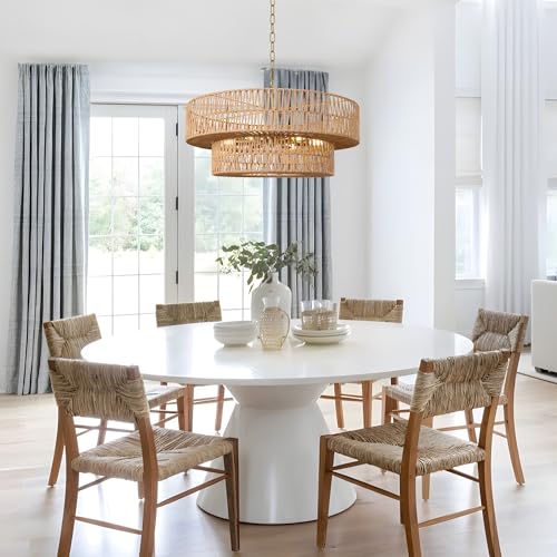 26 Inch Boho Rattan Chandelier, 6-Lights Hand Woven Bohemian Chandeliers with 2-Tier Drum Wicker Shade, Modern Farmhouse Large Pendant Light Fixture for Dining Room Living Entryway Bedroom - color: Gold Metal, size: 26 Inch
