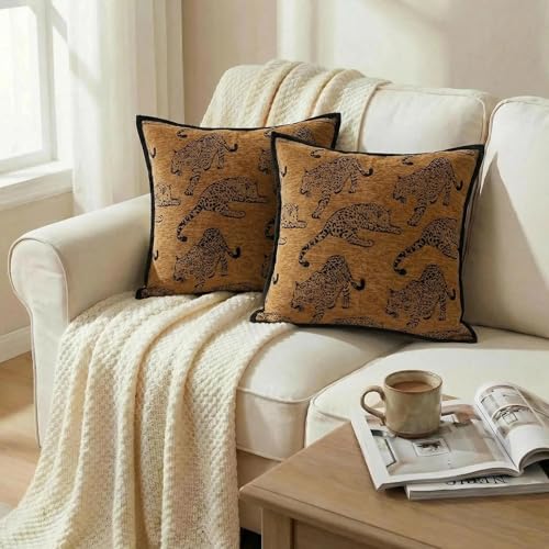 Mantle & Mason Leopard Throw Pillow Covers 18x18 Set of 2 Cheetah Decorative Pillow Covers for Couch Bed Living Room Mid Century Modern Soft Cushion Covers Brown - color: Leopard Camel, size: 18" x 18" (Pack of 2)