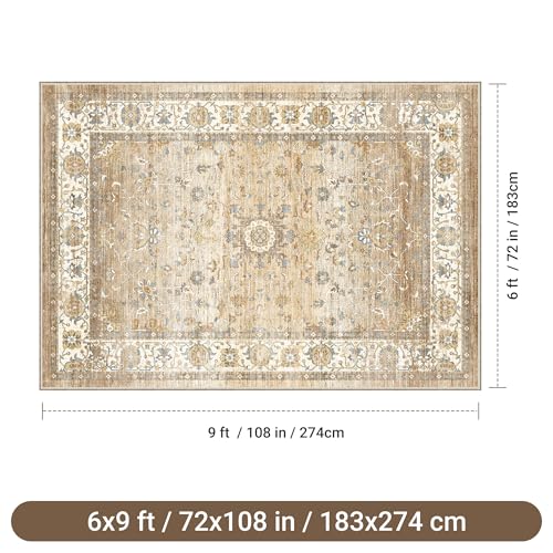 befbee 6x9 Area Rugs for Living Room - Stain Resistant Machine Washable Rugs for Bedroom,Non-Slip Backing Large Area Rug (Apricot/Blue, 6'x9') - color: Apricot/Blue, size: 6' x 9' (Rectangular)