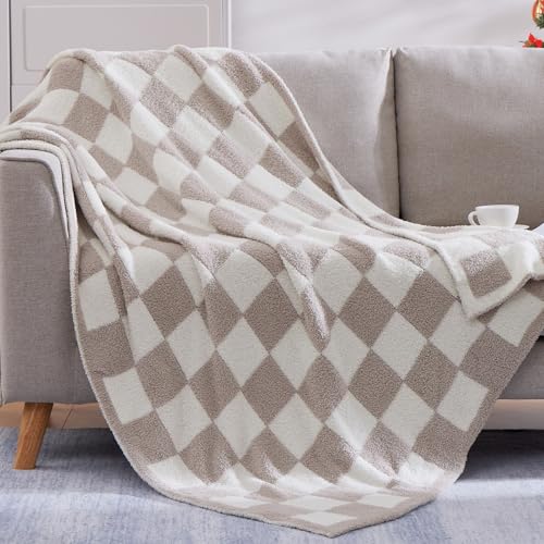 WRENSONGE Checkered Throw Blanket, Taupe Soft Cozy Fluffy Warm Hand Made Throw Blankets for Couch, Sofa, Chair, Bed, Camping, Picnic, Travel Lightweight Bed Blanket - 60"*80" - color: Art Taupe, size: Twin(60"x80")