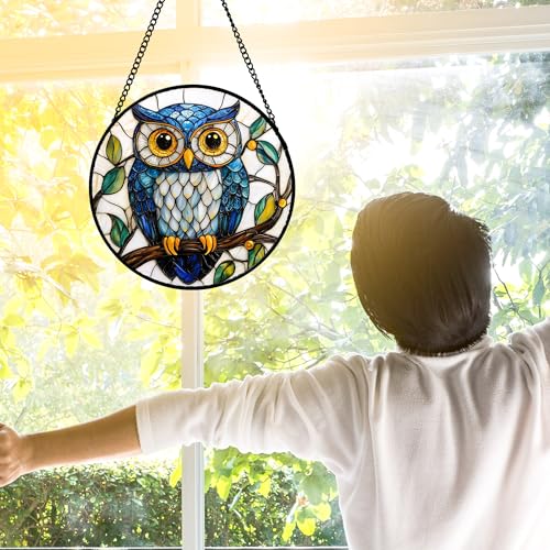 DASTOLL Stained Glass Window Hanging, Owl Gifts for Women Sun Catchers Diamond Glass Panel Hangings Birds Suncatcher Decor for Birthday for Women, Men, Wife, Aunt,and Mom 7.8X7.8IN - color: Blue, size: 7.8x7.8 IN