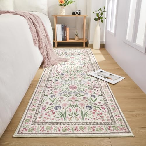 Amearea Pink Runner Rugs for Hallway, 2x6 Feet Area Rugs for Bedroom Girls, Washable Floral Collection Bedside Rugs Low Pile Print Carpet, Kids Room Entrance Kitchen Living Room Decor - color: Pink, size: 2x6 Feet