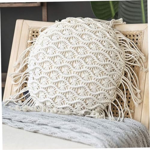 Hand Woven Pillowcase Round Shape Pillow Cover with Tassel Macrame for Bed Couch Car Home Decor Cream