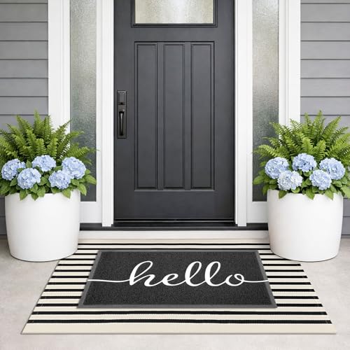 KILOCOCO Beige Striped Rug 2.3'x3.6' Indoor Outdoor Rugs Front Door Mat Hand Woven Cotton Washable Striped Layered Doormats for Front Porch/Kitchen/Farmhouse/Entryway/Patio - color: Light Beige and Black Stripe, size: 2'4" x 3'7" (Rectangular)