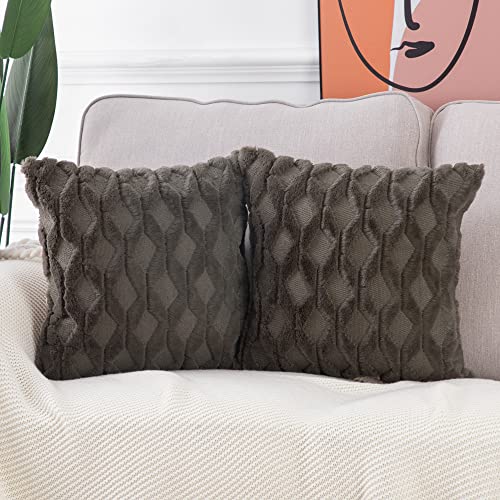 MADIZZ Set of 2 Soft Polyester Short Wool Velvet Decorative Throw Pillow Covers 20x20 inch Dark Taupe Square Luxury Style Cushion Cases Pillow Shell for Sofa Bedroom - color: Dark Taupe, size: 20" x 20" (Pack of 2)