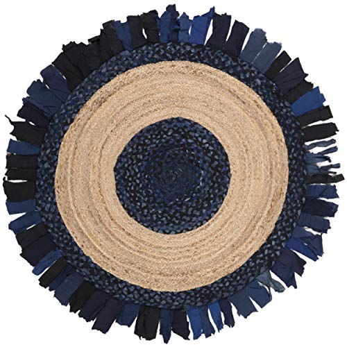 SAFAVIEH Cape Cod Collection 4' Round Navy / Natural CAP701N Handmade Boho Fringe Jute & Cotton Area Rug - color: Navy/Natural, size: 4' (Round)