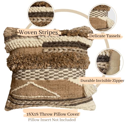 Handwoven Boho Throw Pillow Cover 18x18 Pillows for Sofa, Bed and Couch Decorative Knitted Pillow with Tassels Tufted Accents Cotton/Wool Home Decor, Limited Edition - color: Brown/Cream