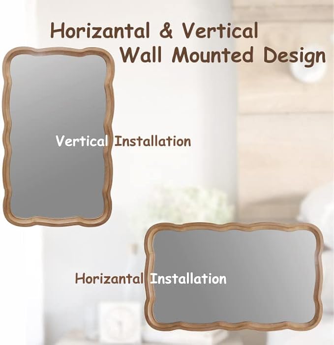 COZAYH Rustic Farmhouse Wall Mirror, 23.5” x 38” Rectangular Decorative Wall Mounted Mirror with Distressed Wood Frame & Curved Scallop Detail, Natural