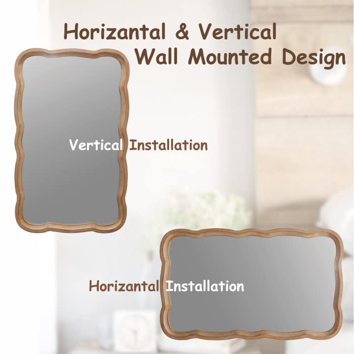 COZAYH Rustic Farmhouse Wall Mirror, 23.5” x 38” Rectangular Decorative Wall Mounted Mirror with Distressed Wood Frame & Curved Scallop Detail, Natural - color: Natural