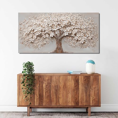 Canvas Wall Art Decor Prints Modern Botanical Wall Art Pictures for Living Room Canvas Art Wall Decor Tree of Life Wall Art Decor White Flower Wall Art Prints Artwork for Walls Bedroom Office Decor 20" X 40" - color: White Browm, size: 40"L x 20"W