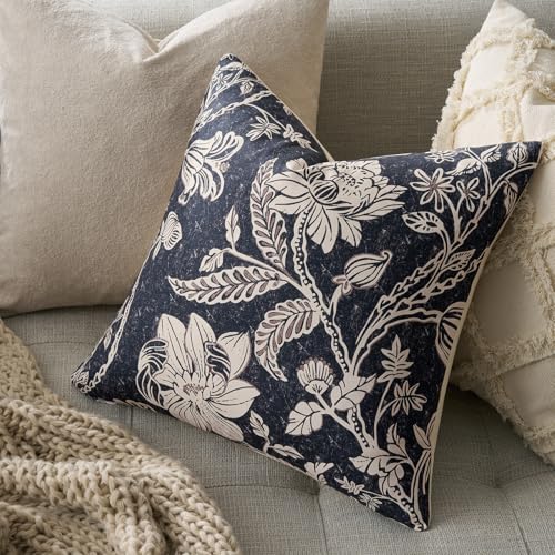 Vintage Floral Pillow Covers 20x20：Navy Blue Throw Pillow Covers Decorative — Neutral Modern Farmhouse Boho Patterned Cotton Square Cushions Accent Covers Sofa Bed Living Room Pillowcases Pack of 2 - color: Bf-navy Blue, size: 20" x 20" (Pack of 2)