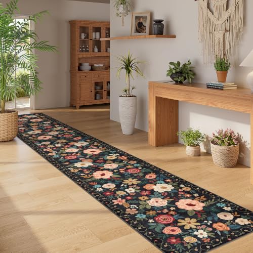 DUKINO 2x12 Washable Runner Rug, Ultra Soft Floral Runner Rug for Hallway, Boho Non Slip & Non Shedding Indoor Entryway Carpet for Kitchen, Laundry Room, Bathroom, Bedroom, Entrance, Black - color: Black, size: 2' x 12' (Rectangular)