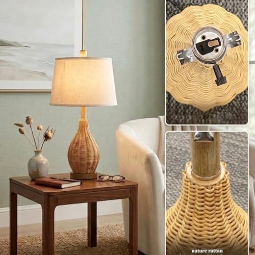 Hamilyeah 23" Farmhouse Table Lamps Set of 2 with Bulbs Included, Boho Bedside Lamps with Fabric Shade, Natural Woven Rattan Nightstand Lamps for Bedroom, Living Room, Large Spaces - color: wooden color