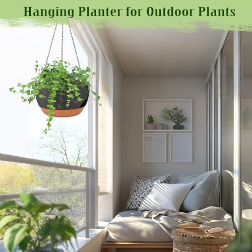 Hanging Planters for Outdoor Indoor Plants, 2 Pack 10 Inch Hanging Basket Plants Outdoor, Self Watering Hanging Planter with Plant Hanger for Garden Home Decoration (Black, 10 inch) - color: Black, size: 10 inch