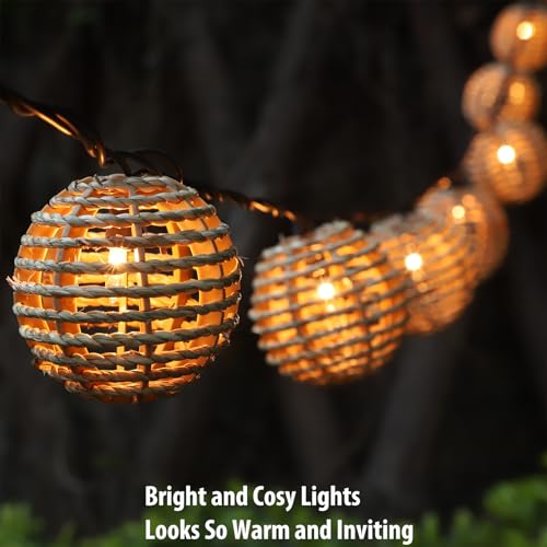 Decorative Outdoor Patio String Lights, Seagrass Rattan Wire Ball Style Lantern String Lights, Connectable Weatherproof Indoor Outdoor Globe Boho String Light for Home Pergola Garden Party Backyard - style: Seagrass Rattan Wire Ball