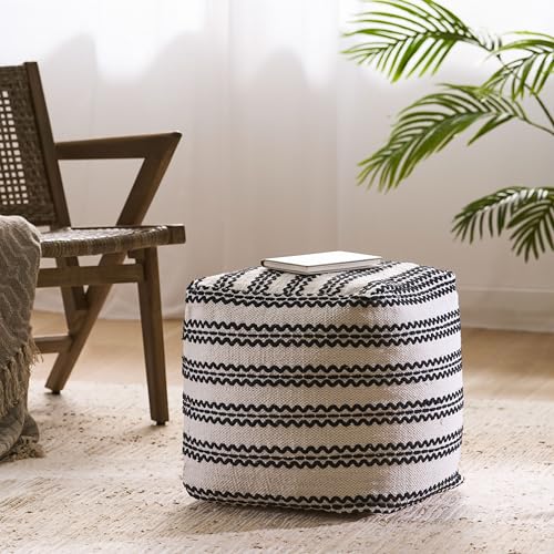 GDFStudio Boho Handmade Fabric Cube Pouf Ottoman Foot Stool - Bean Bag Floor Chair - Foot Rest Couch for Living Room Bedroom,Natural and Black,16" x 16" x 15.75" - color: Union,natural,black, size: 16"