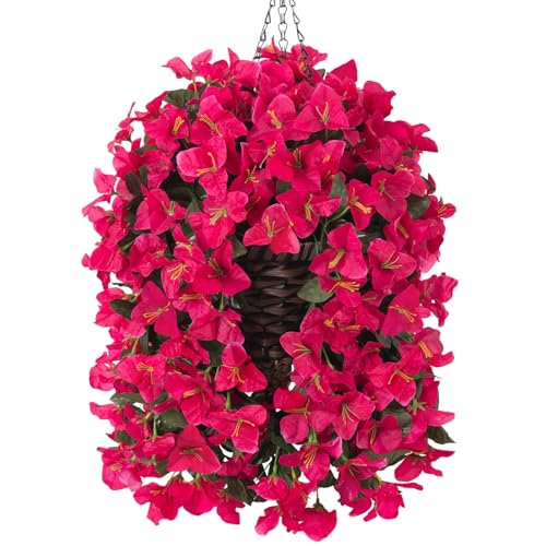 Bougainvillea Artificial Hanging Fake Flowers with Basket for Outdoors Decoration, Faux Silk Flowers UV Resistant Fake Plants Long Vines Realistic for Outside Front Door Balcony Porch Patio, Hotpink - color: Hotpink