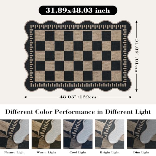 Checkered Easy Jute Front Door Mat, 2.6x4 Washable Entryway Rug Non Slip Small Kitchen Rug, Farmhouse Low Pile Floor Scalloped Rugs for Doorway Porch Bathroom - color: Black Checkered, size: 2.6'x4' (Rectangular)