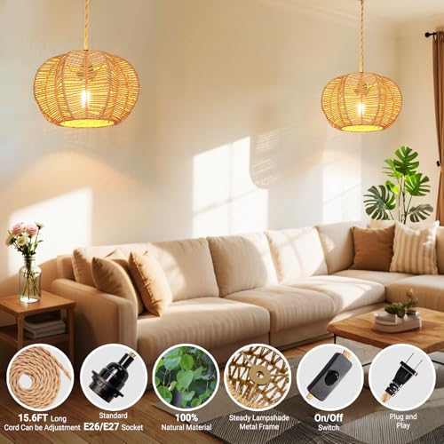 Hanging Light Fixture with Plug in Cord with on Off Switch, Rattan Pendant Lights Boho Lamp Ceiling Light, Plug in Pendant Light Hanging Lamp Shades for Living Room Decor Bedroom Kitchen - size: 11.8 Inch-Ball Cactus Shade