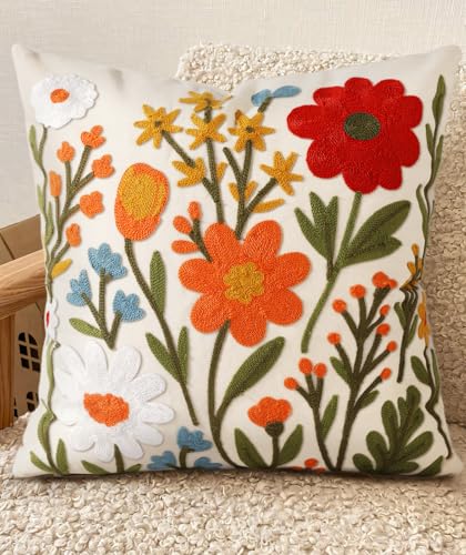 Embroidered Throw Pillow Cover 18x18 Inch - Spring Summer Boho Decorative Pillow Cover with Zipper for Living Room Couch Sofa Bed Aesthetic Design Flower Cluster Cushion Pillowcase - color: Flower Cluster, size: 18" x 18" (Pack of 1)