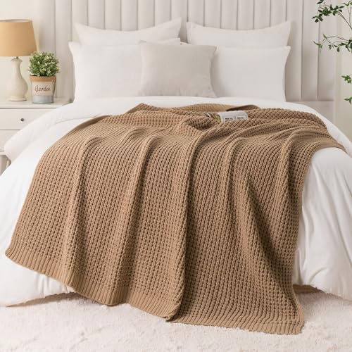 Bunnikins & Clover Beige Throw Blanket for Couch, Knitted Beige Throw for Bed, Neutral Throw Blankets Tan Blanket for Room Decor Housewarming Gifts, 50"x60" - color: Beige, size: 50"x60"
