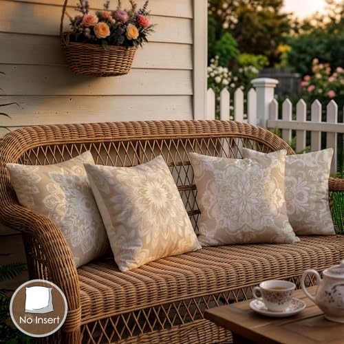 OBSEDE Beige White Mandala Decorative Throw Pillow Covers 18x18 Set of 4 Faux Linen Cushion Cases Single-Sided Print Minimalist Elegant Accent Pillows for Couch Sofa - color: Beige White Mandala