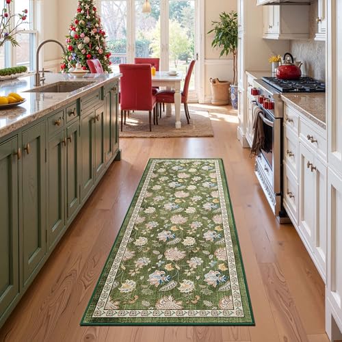 jinchan Elora 3x8 Floral Runner Rug for Hallway Washable Kitchen Runner Vintage Romance Design Non Slip Thin Indoor Floor Cover Low-Profile Throw Carpet for Entryway Bathroom Bedroom Porch, Green - color: Bloom Green, size: 3' x 8' (Light Weight)
