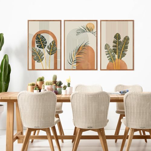 KAIRNE Boho Canvas Wall Art,Abstract Minimalist Room Decor,Tropical Botanical Wall Decor,Mid-Century Geometric Illustrations Set of 3(16”X24”),Botanical Print for Living Room Bedroom Dining Room Decor - color: Boho Botanical(medium), size: 16"Lx24"W