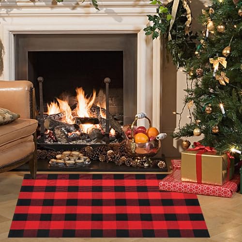 Buffalo Plaid Area Rug, Checkered Rug 27.5x43 Inches, Black and Red Rug, Washable Cotton Mat for Front Porch, Entryway, Kitchen, Living Room, Christmas Decor - color: Black & Red, size: 2'3" x 3'7" (Rectangular)