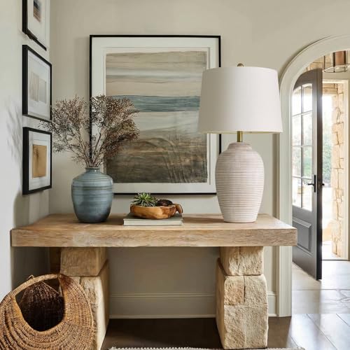 USumkky 29.5" Tall Vintage Ceramic Table Lamp with 5FT Cord - Single Large Rustic Farmhouse Bedside Lamp with Linen Shade & Natural Textured Finish, Nightstand Table Lamp for Bedroom End Table, Beige - color: 29.5" Beige