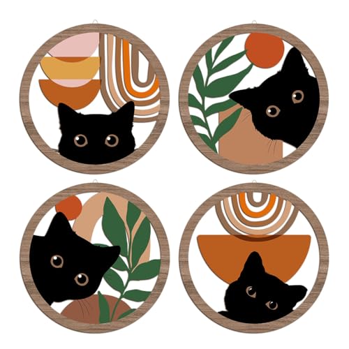 4PCs 3D Boho Cat Hanging Wooden Wall Art Wall Decor, Botanical Wall Decor Boho Room Decor, Cat Lover Gifts, Bohemian Wooden Sign Wood Art Wood Plaque Home Decor for Living Room Bedroom Farmhouse - color: Multi 0110