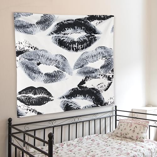 WNAGT Trendy Black and White Kiss Lips Tapestry Wall Hanging, Funky Makeup Wall Decor, Fashion Aesthetic Wall Blanket Decor for Girls Room College Dorm Makeup Room Beauty Room, 50x60 Inch - color: black