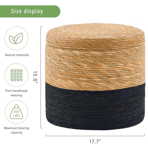 Wimarsbon 18'' Ottoman Pouf, Natural Braided Poof, Rustic Handweave Lounge Pouffe, Boho Footrest Stool for Bedroom, Accent Table for Living Room (Storage - 18inch Cattail+Black Corn Husk L) - color: Storage - 18inch Cattail+black Corn Husk L
