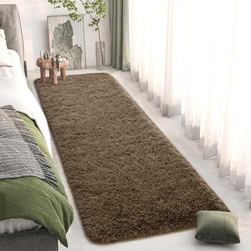 DweIke Fluffy Light Brown Runner Rugs for Bedroom, 2x6 Feet Soft Plush Long Runners for Girls Boys Kids, Non-Slip and Machine Washable Bedside Rug, Small Throw Carpet for Hallway Rooms Decor - color: Light Brown, size: 2 Ft X 6 Ft