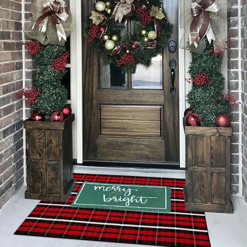 Buffalo Plaid Outdoor Rug Christmas Door Mat Christmas Decor Welcome Rug Cotton Hand-Woven Layered Door Mats for Front Porch, Kitchen, Farmhouse, Entryway (27.5"x43", Red/Black/White) - color: Red/Black/White Plaid, size: 2'4" x 3'7" (Rectangular)