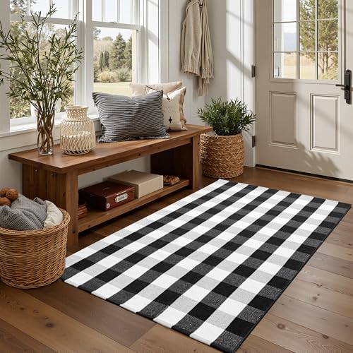 joybest Buffalo Plaid Rug 3 x 5 ft Black and White Checkered Area Rug Cotton Hand-Woven Indoor Outdoor Rugs Carpet for Patio, Living Room, Dining Room, Bedroom - size: 3' x 5' (Rectangular)