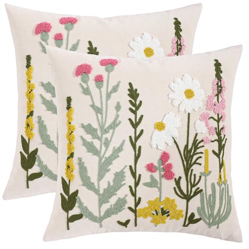 Embroidered Throw Pillow Covers 18x18 Pack of 2 Floral Decorative Pillow Covers Daisy Flowers Tufted Pillowcases Farmhouse Pillow Cushion Cases Square Pillow Case Summer Home Decor - color: Floral Daisy