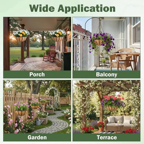 4 Pack 12 Inch Round Hanging Basket with Coco Liners， Metal Hanging Baskets for Plants Outdoor， Hanging Planter with Chain Garden Products for Outdoor, Porch, Lawn, Garden - size: 12 Inch