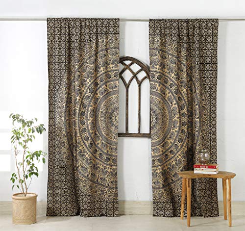 Popular Handicrafts Indian Hippie Bohemian Beautiful Elephant Color Mandala Curtain Panels Black Gold - color: Black Gold, size: 38"W x 83"L (Pack of 2)