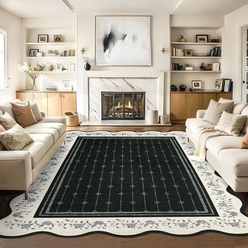 Garvee Scollaped Rugs for Living Room 5x7 Area Rugs for Bedroom Non-Slip Low Pile Neutral Kids Rug Soft Non-Shedding Bordered Nursery Carpet Foldable Thin Mat for Dining Room Kitchen Playroom Black - color: Black, size: 5' x 7' (Rectangular)