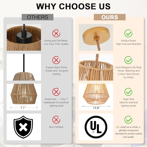 Woven Pendant Lights Hanging Lamp with 12" Hand Rattan Basket Shade Antique Brass Brush Paint Finish for Kitchen Island Farmhouse Dining Room Bar Bedroom Foyer Hallway - color: A- Brass