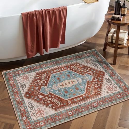 Ciicool Small Area Rug, 2x3ft Boho Rug, Ultra Soft Entry Rugs for Entryway, Non-Slip Washable Rugs Oriental Low-Pile Indoor Mat Floor Carpet for Entrance Bedroom Kitchen Bathroom Foyer Decor - color: Orange/Green, size: 2' X 3' (Rectangular)