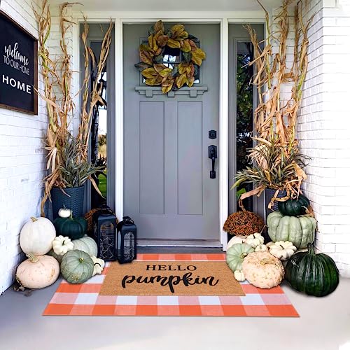 Orange and White Plaid Rug, 28'' x 43'' Fall Front Door Decor Mat, Cotton Washable Hand-Woven Door mat for Layered Doormat, Autumn Halloween Thanksgiving Carpet for Porch, Entryway - color: Orange & White Plaid, size: 2'4" x 3'7" (Rectangular)
