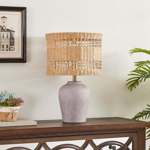 Maxax 21" Boho Table Lamp for Bedroom, Farmhouse Ceramic Bedside Lamp with Woven Rattan Shade, 3 Way Dimmable Coastal Rattan Bedroom Lamp for Nightstand Office Home - color: Dark gray