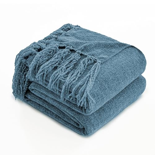 Simple&Opulence Soft Chenille Throw Blanket 50'' x 60'' - Cozy Fluffy Blanket with Fringe Tassel, Farmhouse Boho Blankets for Couch Bed Office Chair Gift Home Decor All Season Use, Blue - color: Blue