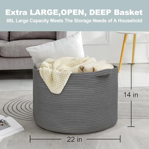 MEGASKET Large Dark Grey Storage Basket, Woven Cotton Rope Baskets for Storage, Big Blanket Organizer Storage Basket for Living Room, Kids Room Toy Storage Organizer Box, Blanket Keeper (22"x14") - color: Dark Gray, size: 22"x22"x14"