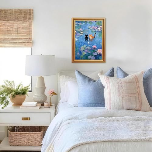 ICHZUMW Gold Framed Funny Cat Canvas Wall Art, Monet Style Water Lily Painting with Black and Orange Cats, Whimsical Animal Wall Decor, Ready to Hang for Bedroom Living Room Bathroom, 12x16in - color: Monet’s Garden Cats, size: 16"L x 12"W