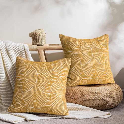 AELS Boho Decorative Textured Throw Pillow Covers 18x18, Organic Modern Mid Century Rainbow Tufted Pillow Case, Farmhouse Rustic Geometric Woven Cushion Case for Bed Couch Sofa, Mustard Yellow - color: Mustard Yellow, size: 18" x 18" (Pack of 2)
