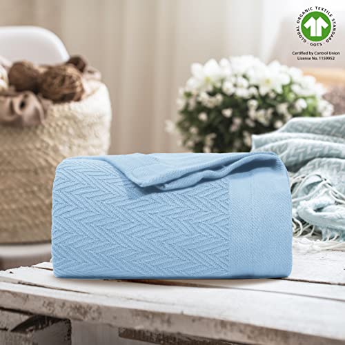 THREAD SPREAD 100% Pure Cotton, Luxury Twin/Twin XL Size Light Blue Blanket - Herringbone Pattern, Soft & Cozy Premium Fall Throw Blanket for All Seasons, 350 GSM & 68 x 92 with Free Tote Bag - color: Herringbone - Light Blue, size: Twin / Twin XL