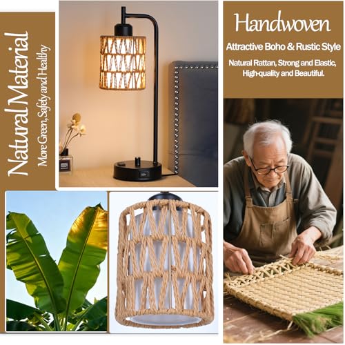 Rattan Table Lamps Set of 2, Boho Desk Lamps with USB Charging Ports and Outlet, Bohemian Bedside Lamps with Rattan & Linen Shade, Farmhouse Black Lamp for Living Room Bedroom Office